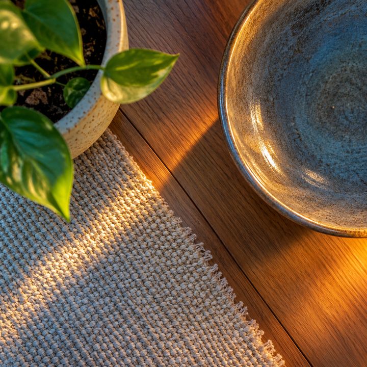 A ceramic bowl and a potted plant on a woven rug