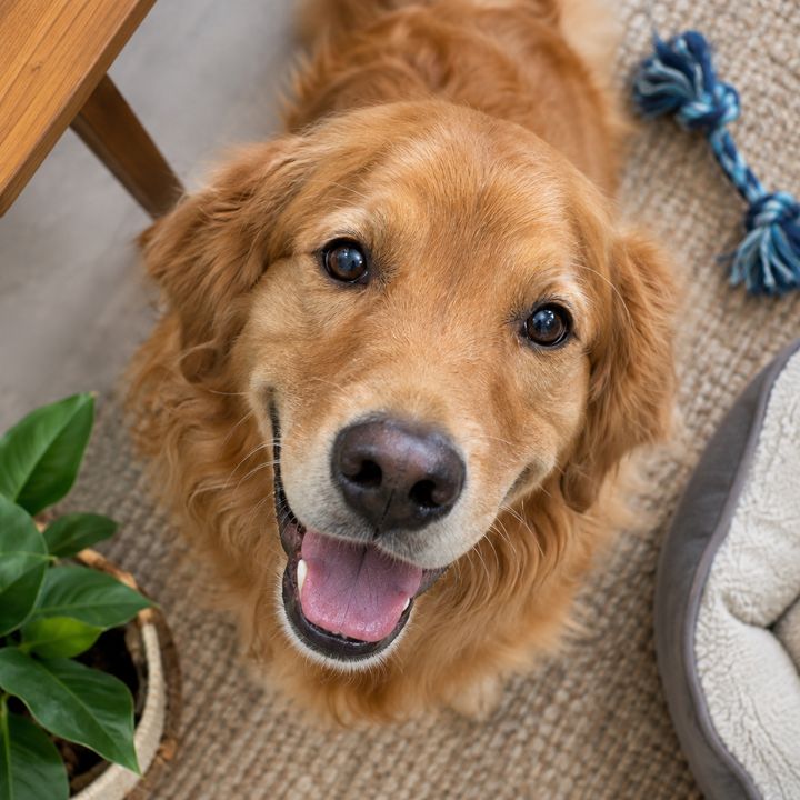 A happy golden retriever looking up at the camera